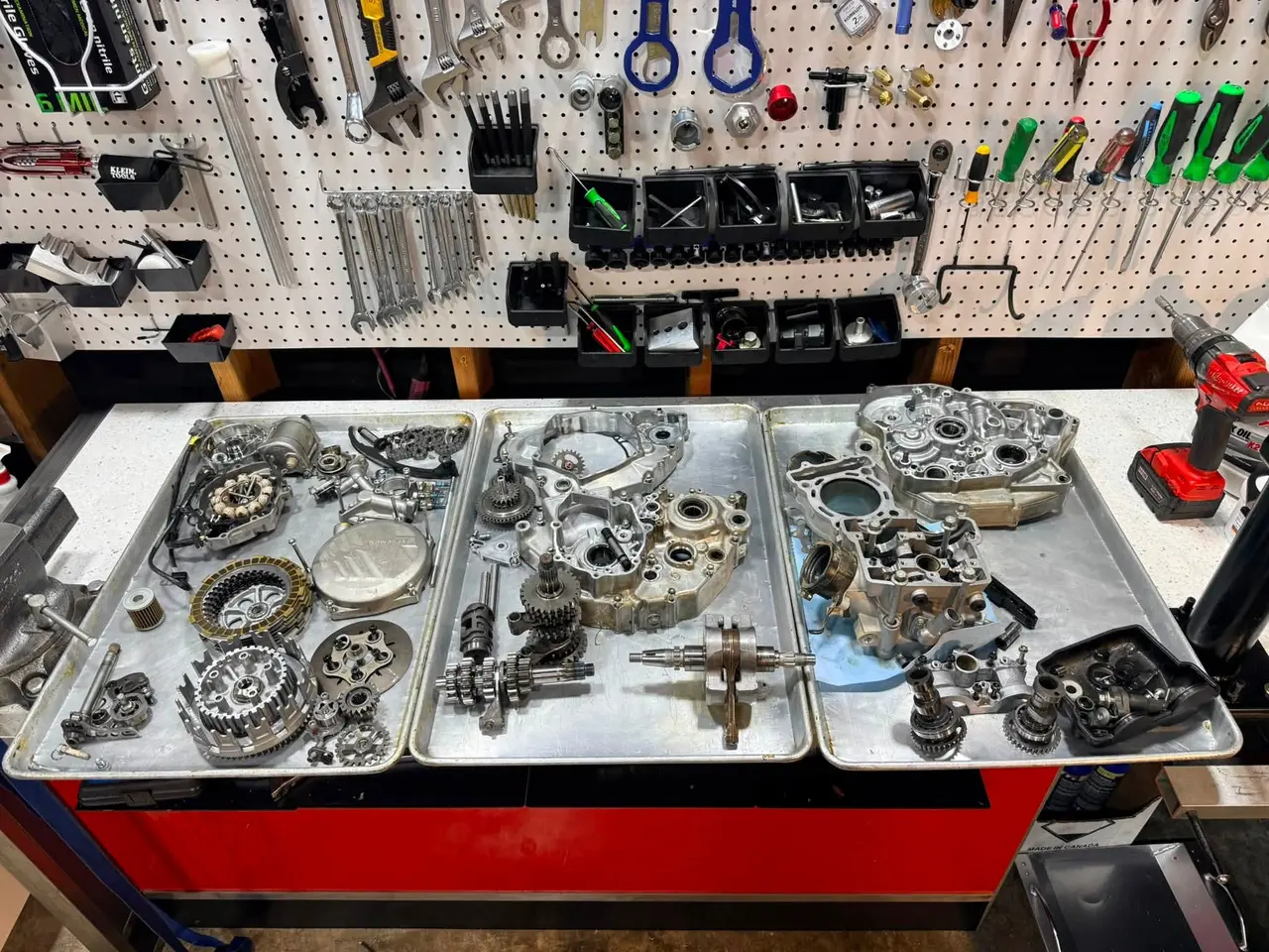 Motorcycle engine components prepared for service